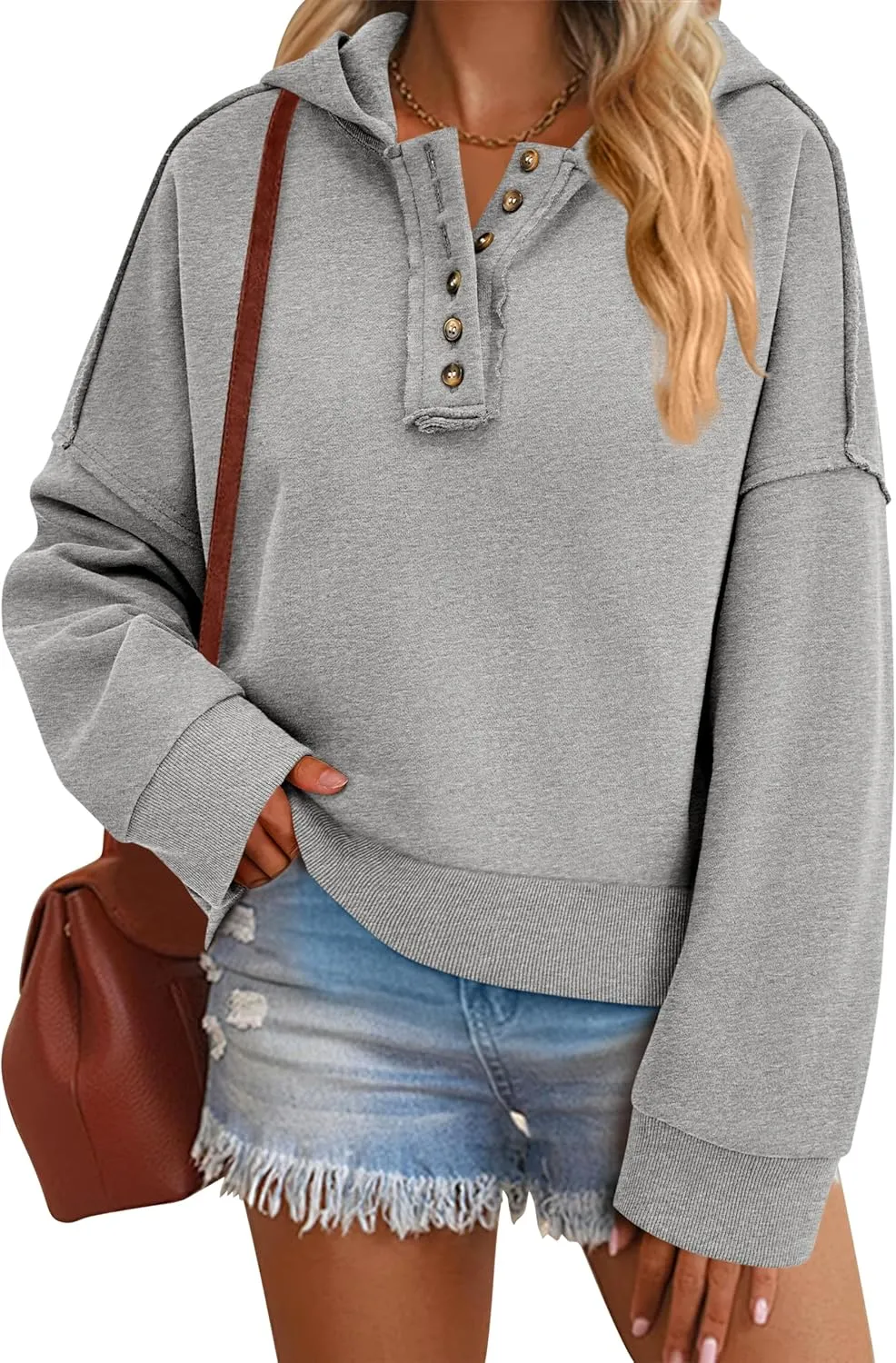 PRETTYGARDEN Womens Cropped Sweatshirt Hoodies Long Sleeve V Neck Button Hooded Pullover Tops 2024 Fall Trendy Outfits