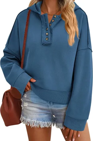 PRETTYGARDEN Womens Cropped Sweatshirt Hoodies Long Sleeve V Neck Button Hooded Pullover Tops 2024 Fall Trendy Outfits