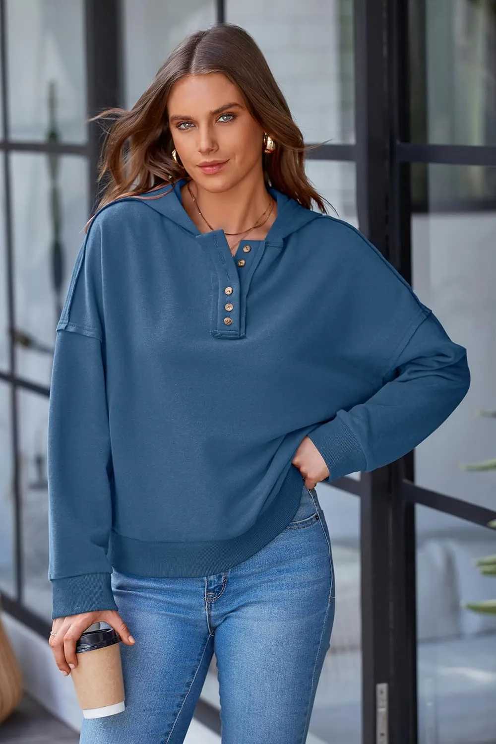 PRETTYGARDEN Womens Cropped Sweatshirt Hoodies Long Sleeve V Neck Button Hooded Pullover Tops 2024 Fall Trendy Outfits