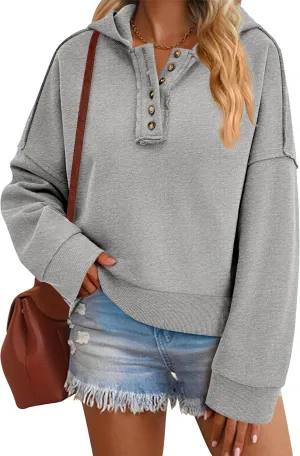 PRETTYGARDEN Womens Cropped Sweatshirt Hoodies Long Sleeve V Neck Button Hooded Pullover Tops 2024 Fall Trendy Outfits