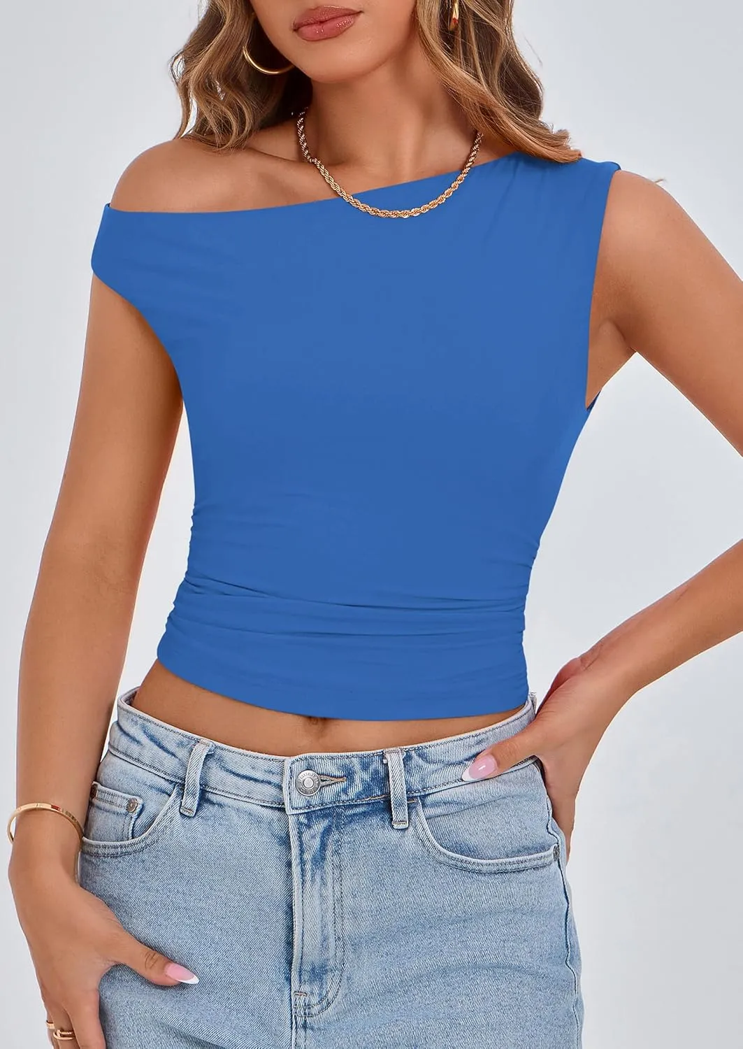PRETTYGARDEN Women's Off The Shoulder Crop Tank Tops 2025 Summer Trendy Casual Sleeveless Ruched Fitted Going Out Shirts