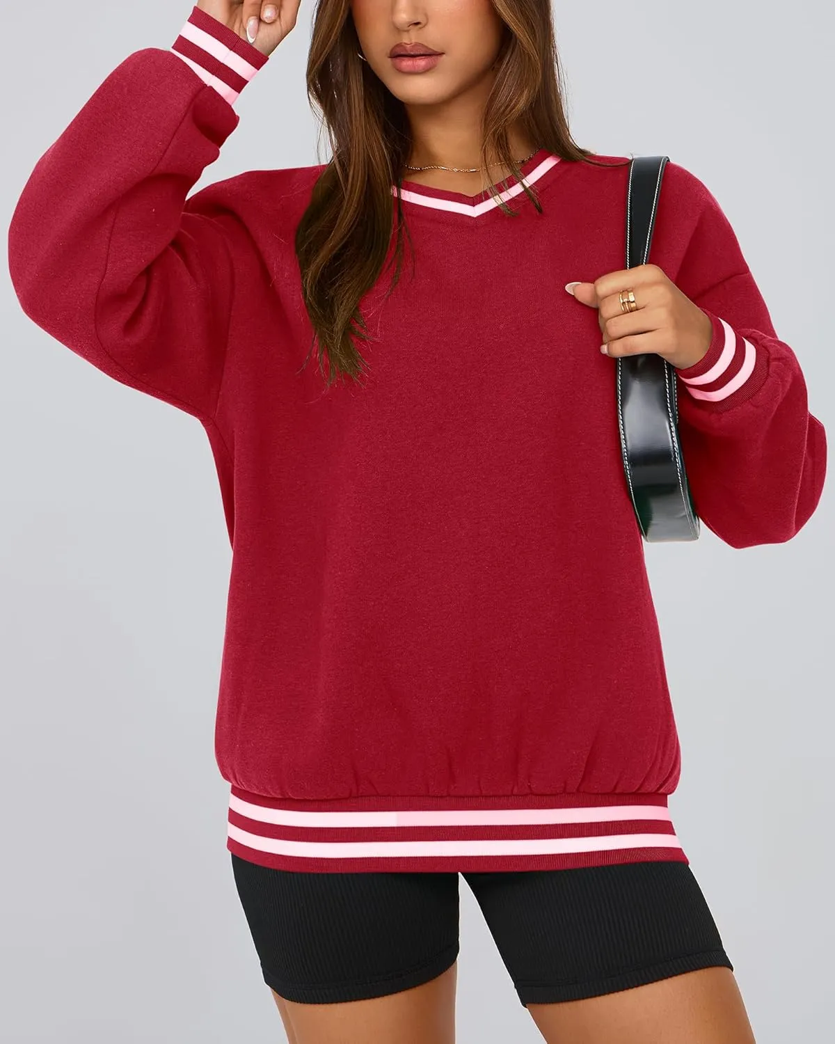 PRETTYGARDEN Women's Oversized Sweatshirts Casual Long Sleeve Stripes Knit V Neck Pullover Top Spring Teens Preppy Clothes