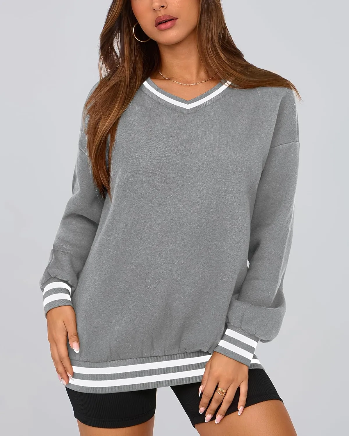 PRETTYGARDEN Women's Oversized Sweatshirts Casual Long Sleeve Stripes Knit V Neck Pullover Top Spring Teens Preppy Clothes