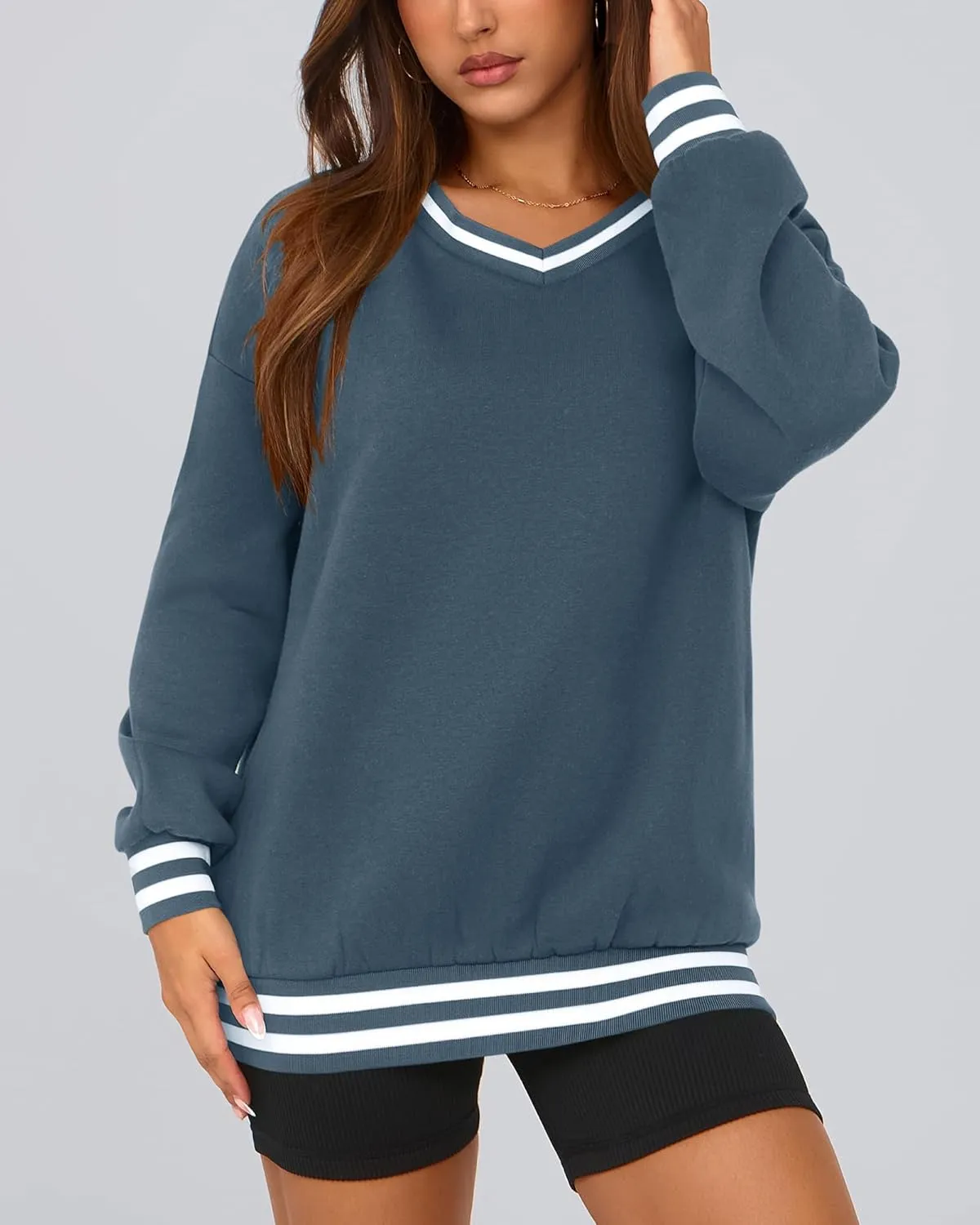 PRETTYGARDEN Women's Oversized Sweatshirts Casual Long Sleeve Stripes Knit V Neck Pullover Top Spring Teens Preppy Clothes