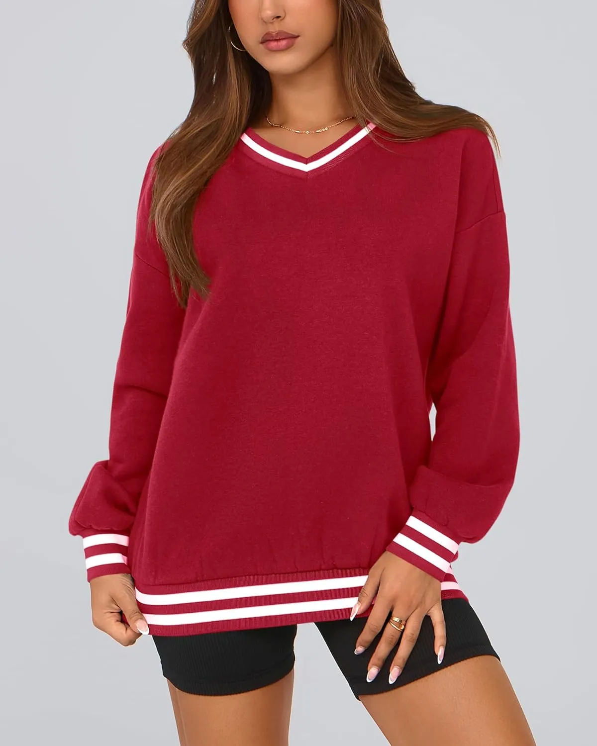 PRETTYGARDEN Women's Oversized Sweatshirts Casual Long Sleeve Stripes Knit V Neck Pullover Top Spring Teens Preppy Clothes