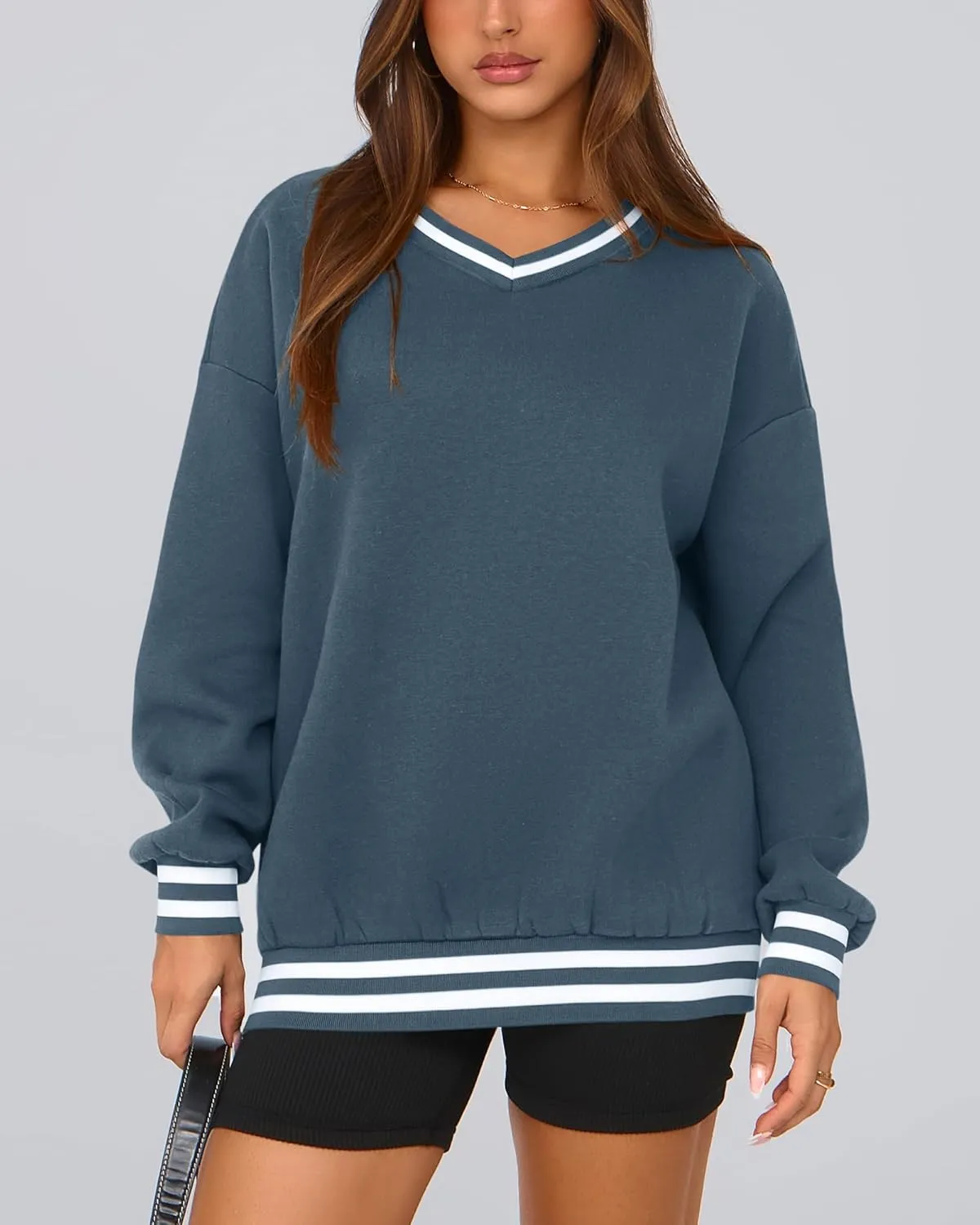 PRETTYGARDEN Women's Oversized Sweatshirts Casual Long Sleeve Stripes Knit V Neck Pullover Top Spring Teens Preppy Clothes