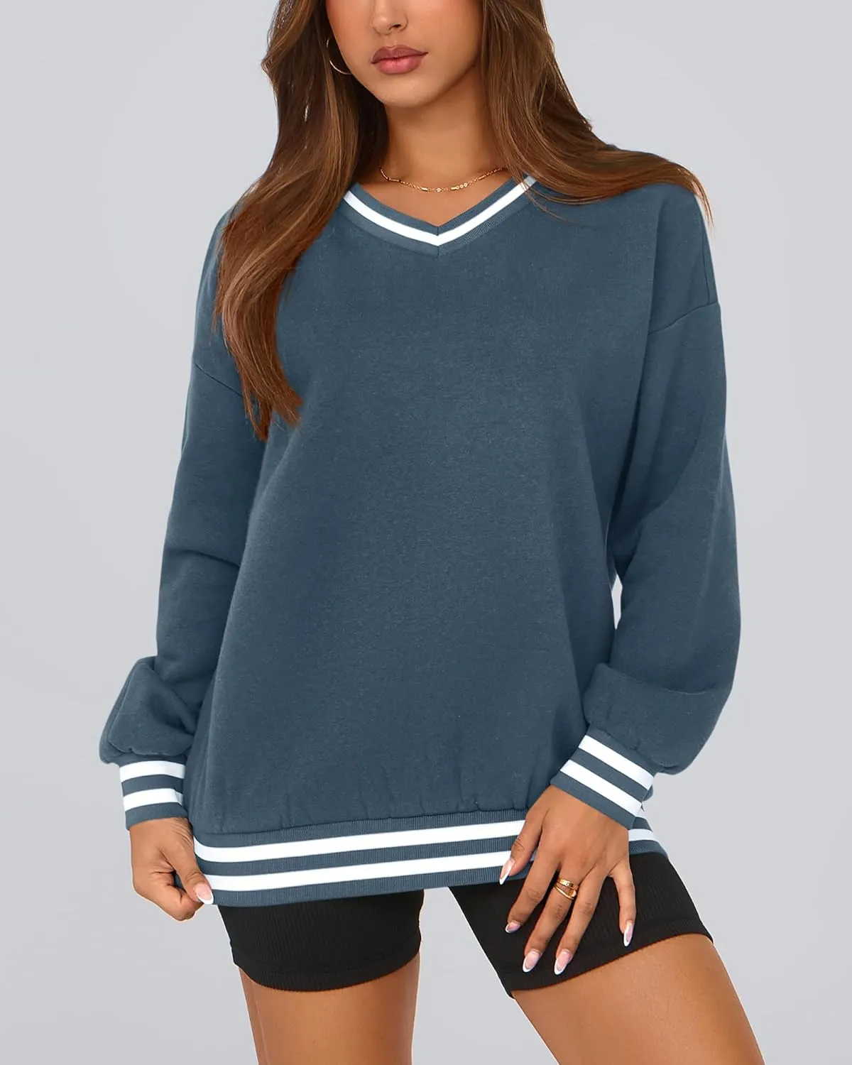 PRETTYGARDEN Women's Oversized Sweatshirts Casual Long Sleeve Stripes Knit V Neck Pullover Top Spring Teens Preppy Clothes