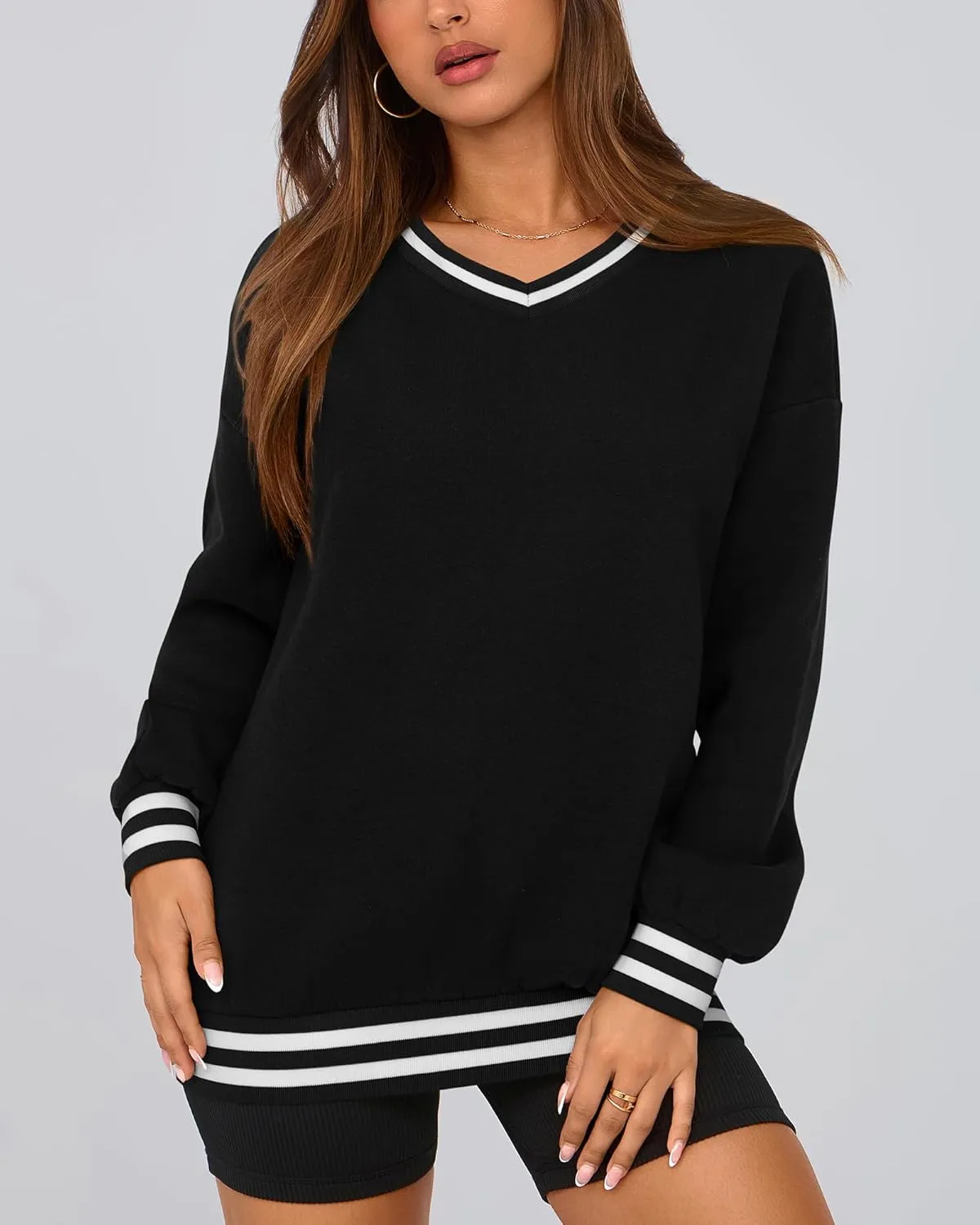 PRETTYGARDEN Women's Oversized Sweatshirts Casual Long Sleeve Stripes Knit V Neck Pullover Top Spring Teens Preppy Clothes
