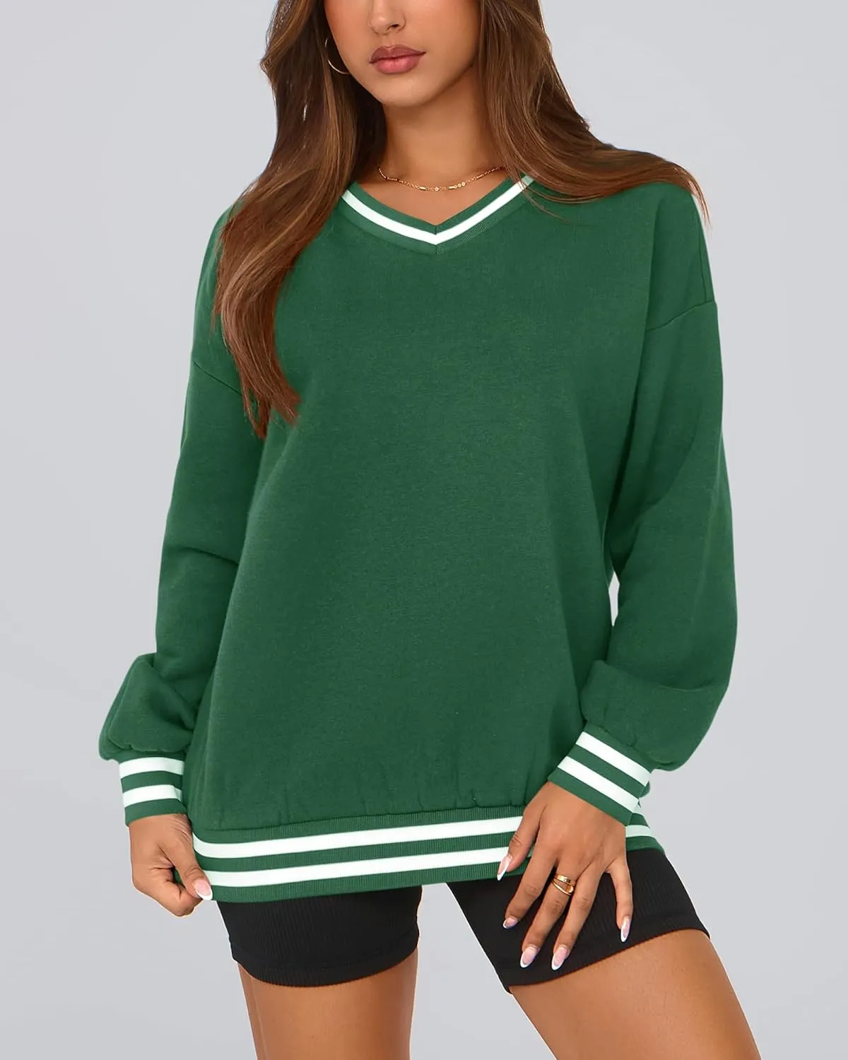PRETTYGARDEN Women's Oversized Sweatshirts Casual Long Sleeve Stripes Knit V Neck Pullover Top Spring Teens Preppy Clothes