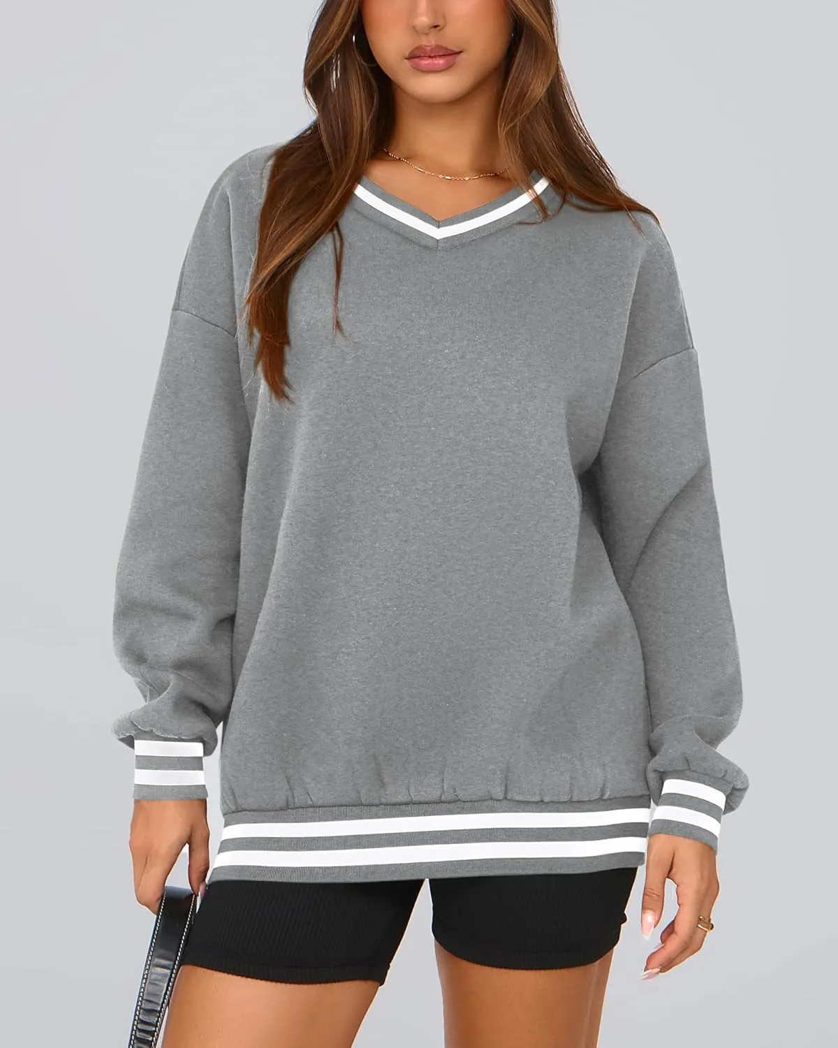 PRETTYGARDEN Women's Oversized Sweatshirts Casual Long Sleeve Stripes Knit V Neck Pullover Top Spring Teens Preppy Clothes