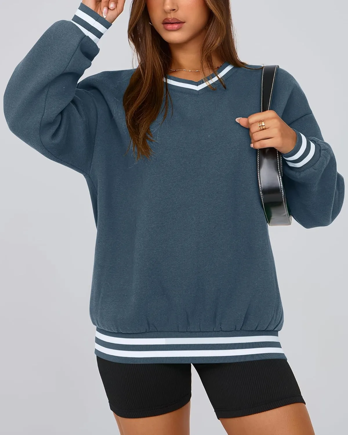 PRETTYGARDEN Women's Oversized Sweatshirts Casual Long Sleeve Stripes Knit V Neck Pullover Top Spring Teens Preppy Clothes