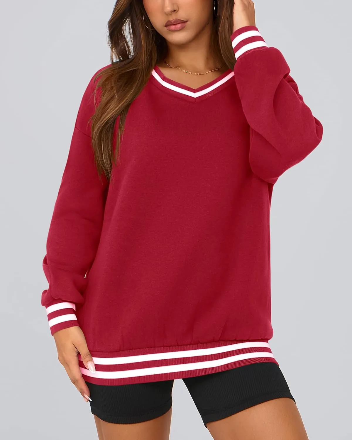 PRETTYGARDEN Women's Oversized Sweatshirts Casual Long Sleeve Stripes Knit V Neck Pullover Top Spring Teens Preppy Clothes