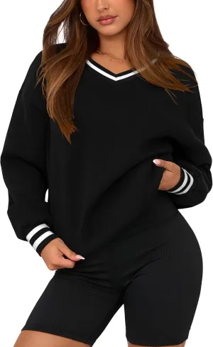 PRETTYGARDEN Women's Oversized Sweatshirts Casual Long Sleeve Stripes Knit V Neck Pullover Top Spring Teens Preppy Clothes