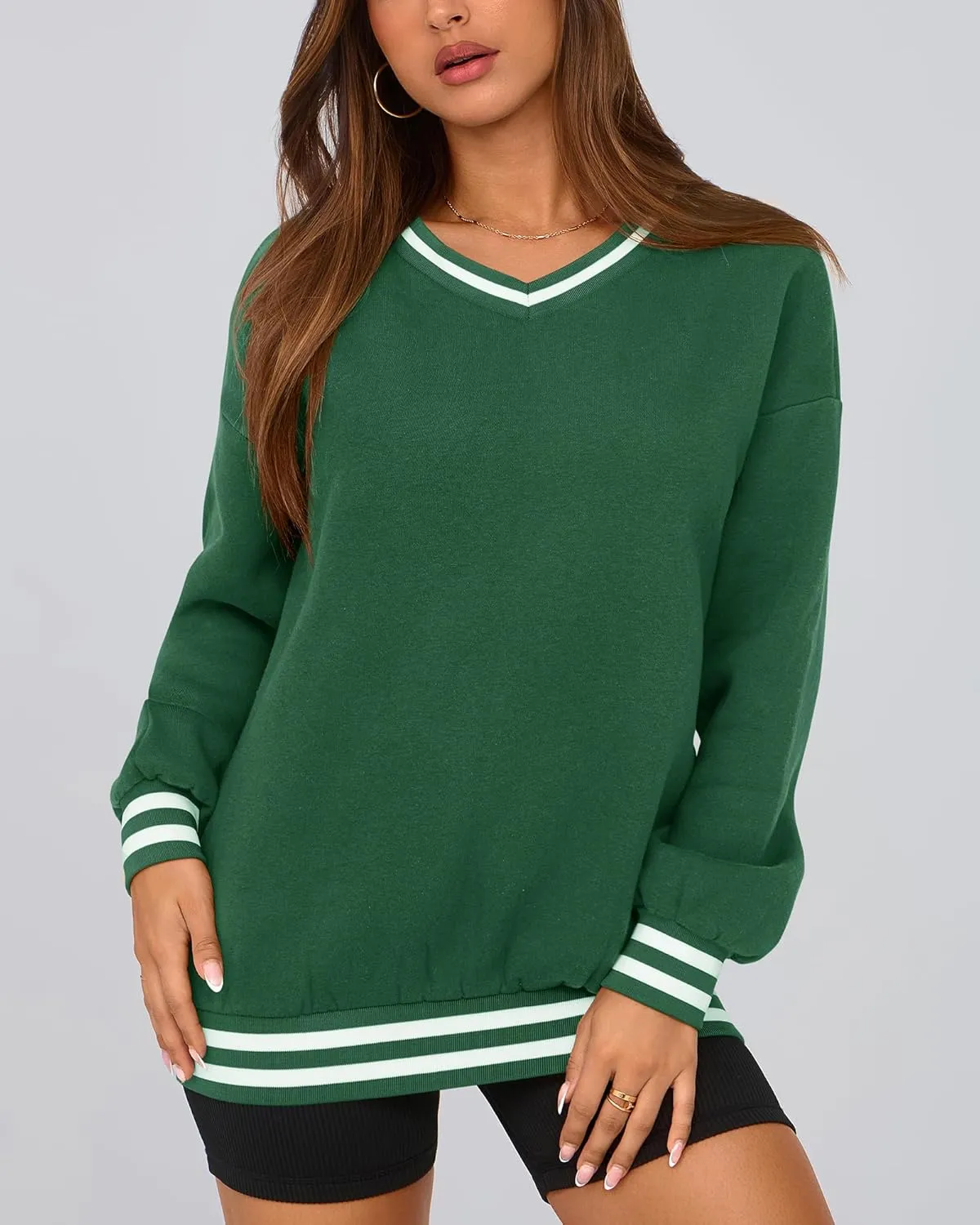 PRETTYGARDEN Women's Oversized Sweatshirts Casual Long Sleeve Stripes Knit V Neck Pullover Top Spring Teens Preppy Clothes