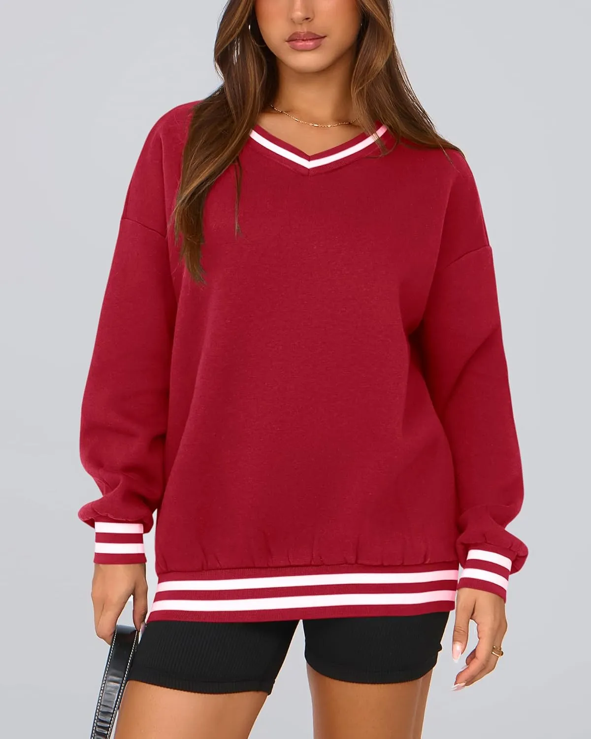 PRETTYGARDEN Women's Oversized Sweatshirts Casual Long Sleeve Stripes Knit V Neck Pullover Top Spring Teens Preppy Clothes