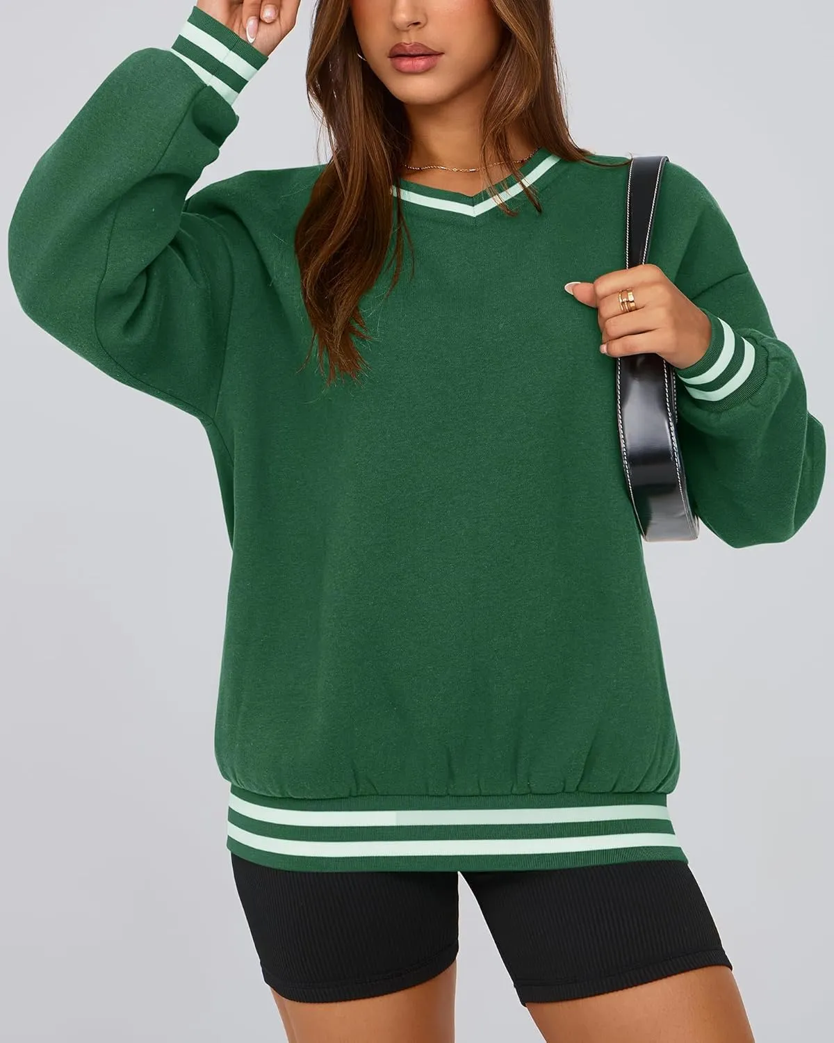 PRETTYGARDEN Women's Oversized Sweatshirts Casual Long Sleeve Stripes Knit V Neck Pullover Top Spring Teens Preppy Clothes