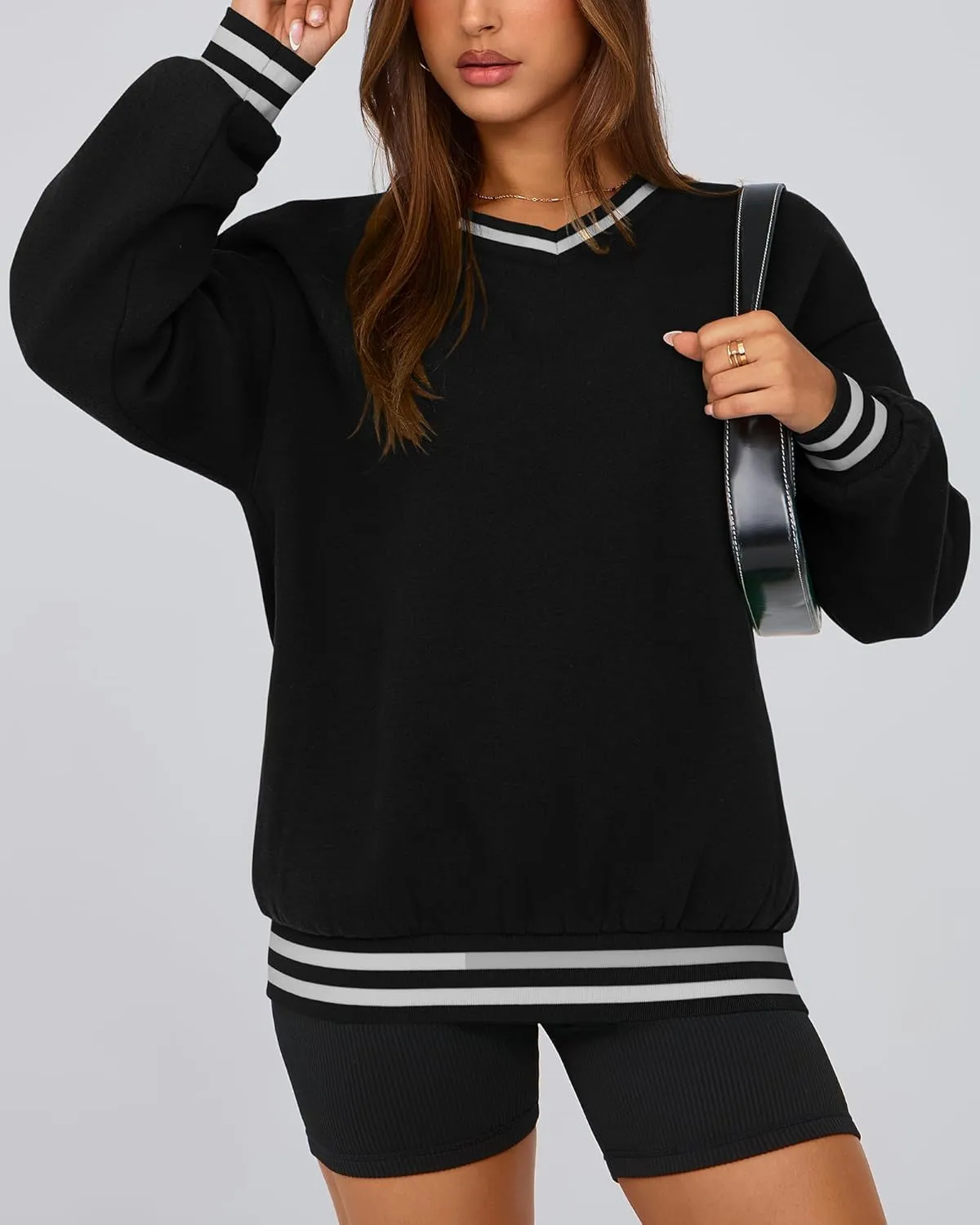 PRETTYGARDEN Women's Oversized Sweatshirts Casual Long Sleeve Stripes Knit V Neck Pullover Top Spring Teens Preppy Clothes