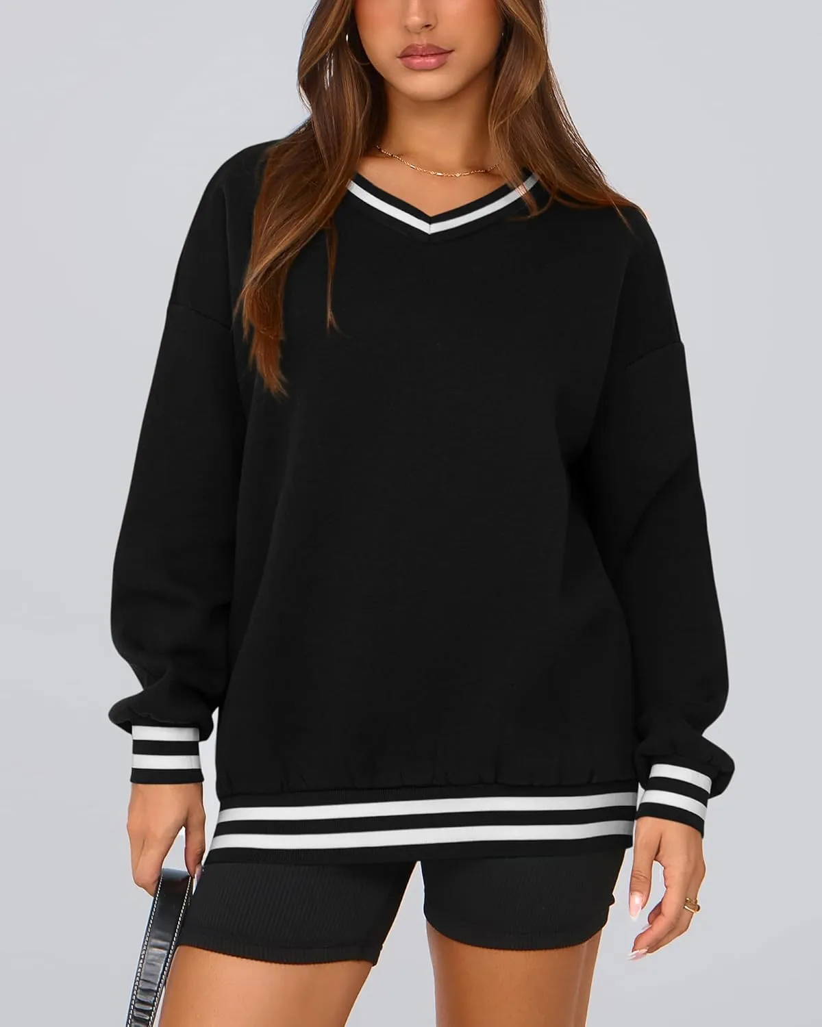 PRETTYGARDEN Women's Oversized Sweatshirts Casual Long Sleeve Stripes Knit V Neck Pullover Top Spring Teens Preppy Clothes