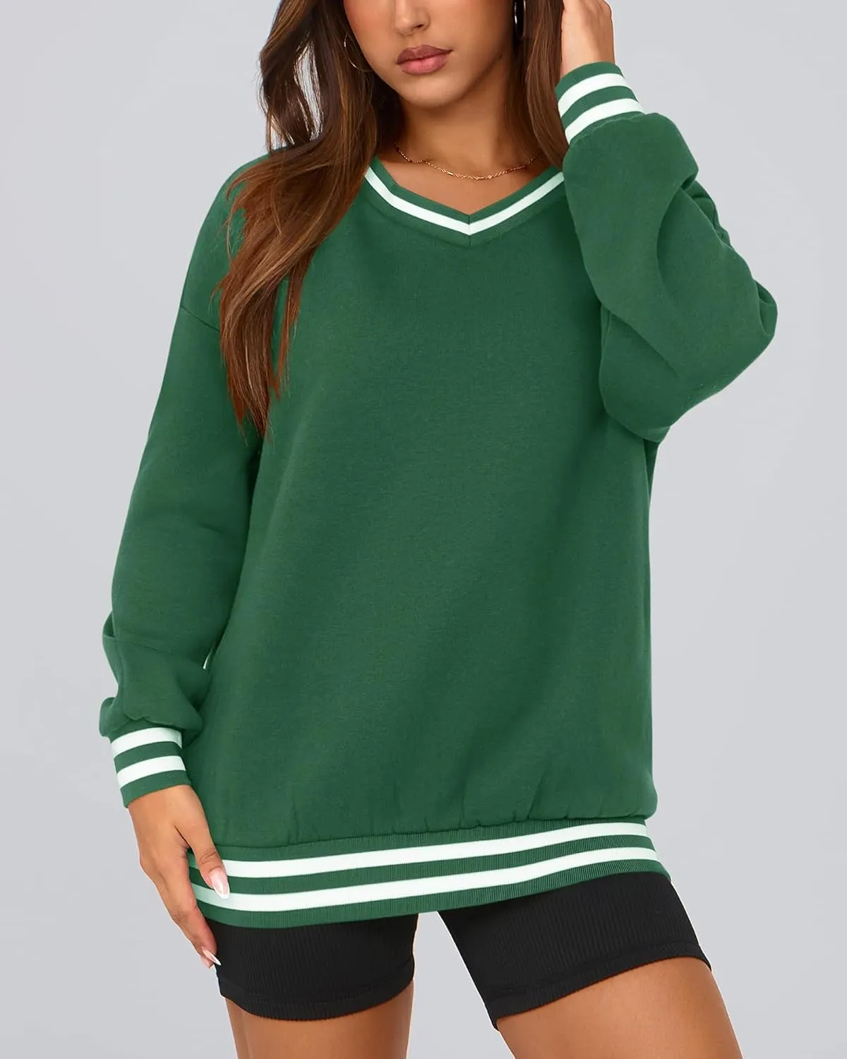 PRETTYGARDEN Women's Oversized Sweatshirts Casual Long Sleeve Stripes Knit V Neck Pullover Top Spring Teens Preppy Clothes
