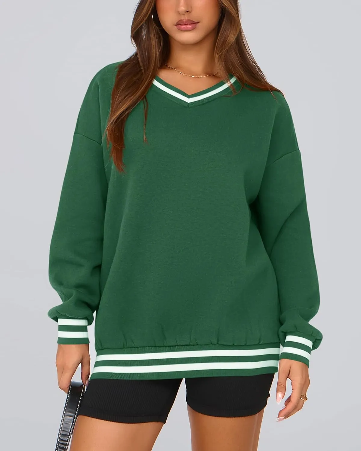PRETTYGARDEN Women's Oversized Sweatshirts Casual Long Sleeve Stripes Knit V Neck Pullover Top Spring Teens Preppy Clothes