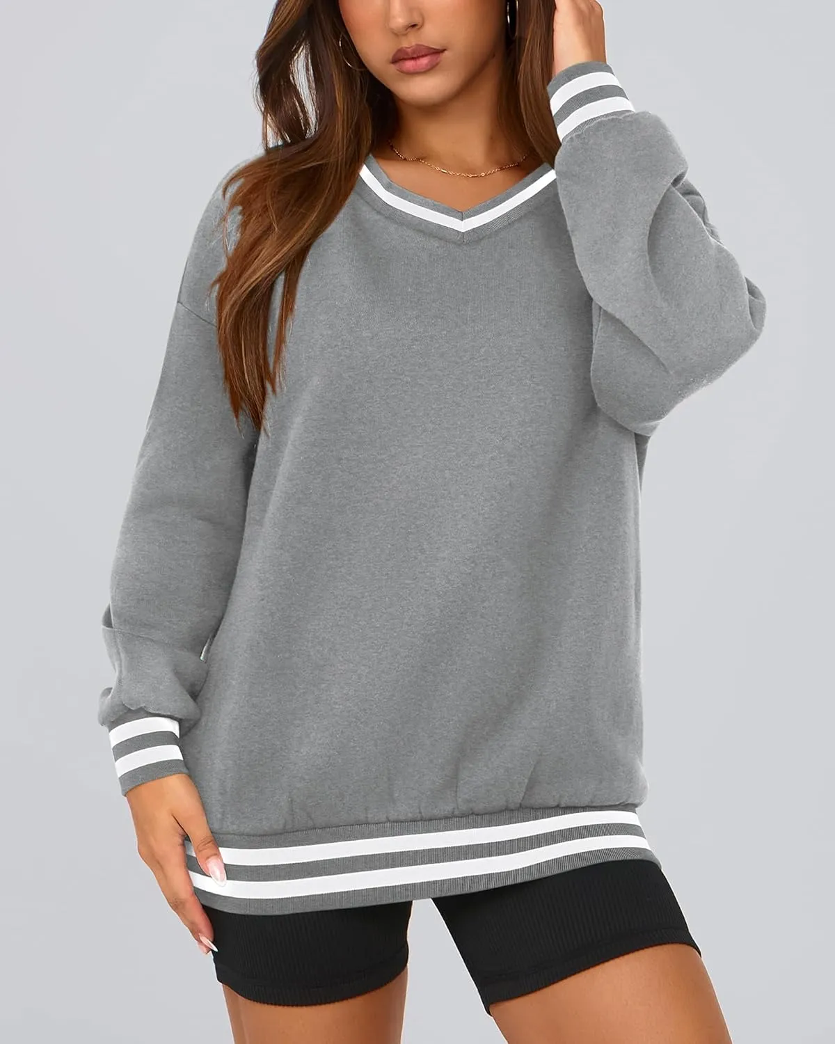 PRETTYGARDEN Women's Oversized Sweatshirts Casual Long Sleeve Stripes Knit V Neck Pullover Top Spring Teens Preppy Clothes