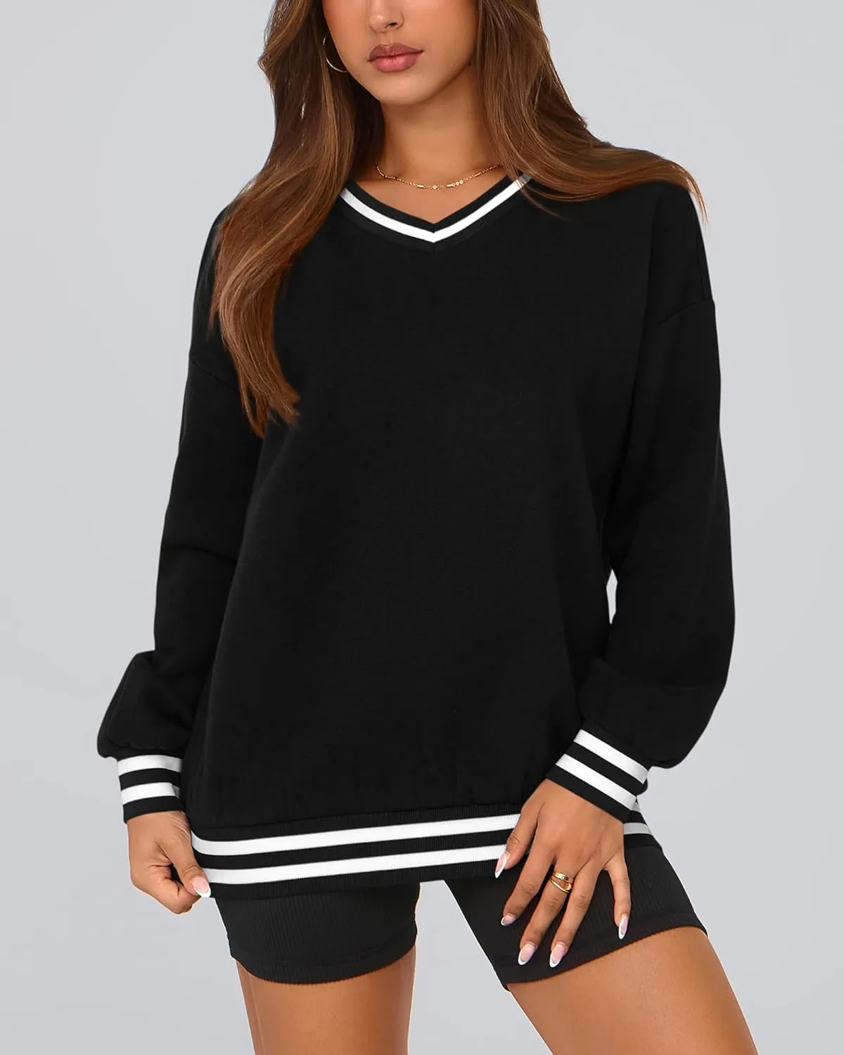 PRETTYGARDEN Women's Oversized Sweatshirts Casual Long Sleeve Stripes Knit V Neck Pullover Top Spring Teens Preppy Clothes