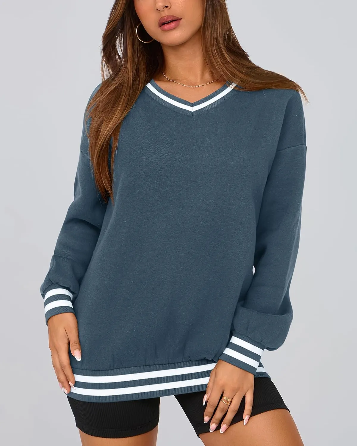 PRETTYGARDEN Women's Oversized Sweatshirts Casual Long Sleeve Stripes Knit V Neck Pullover Top Spring Teens Preppy Clothes