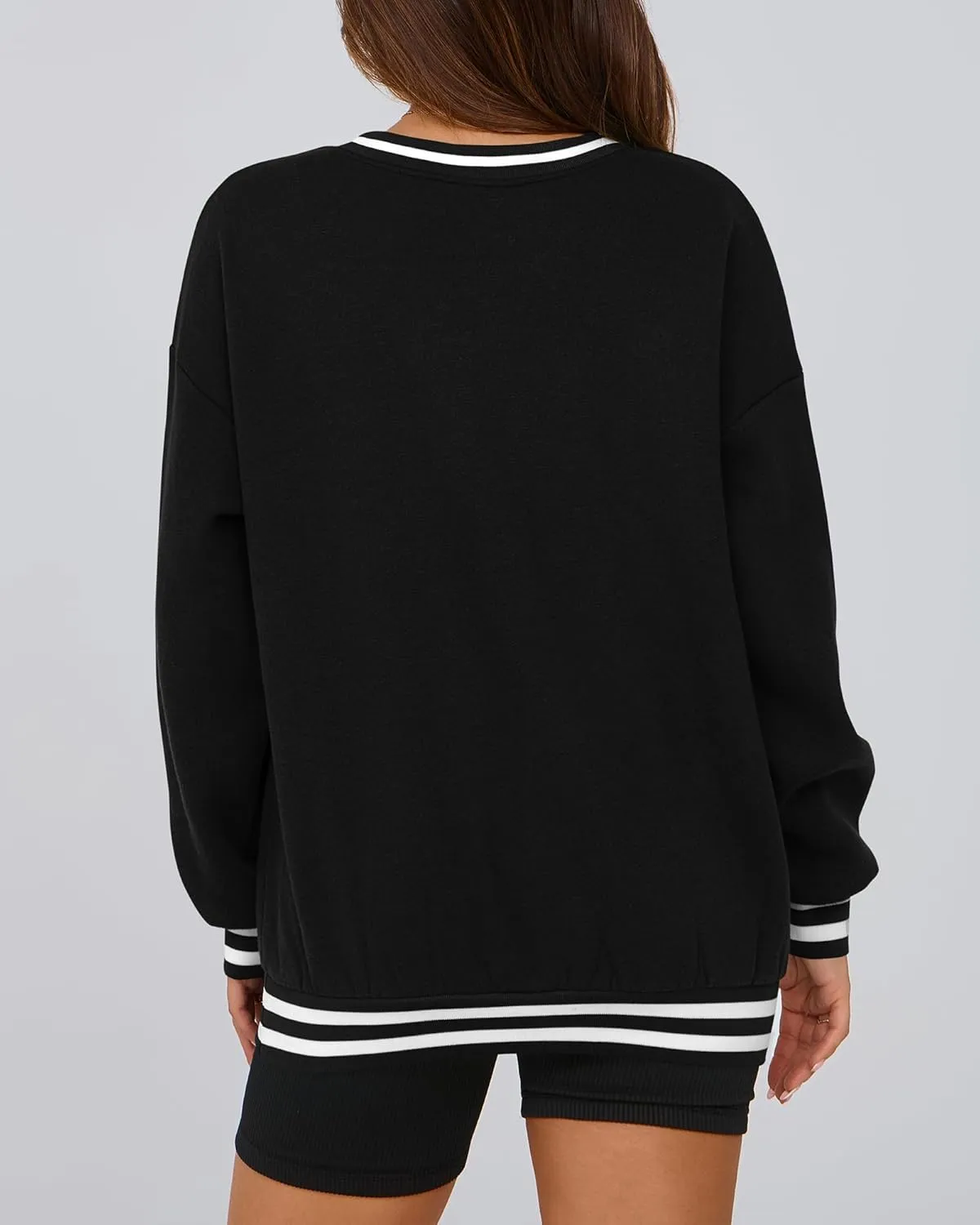 PRETTYGARDEN Women's Oversized Sweatshirts Casual Long Sleeve Stripes Knit V Neck Pullover Top Spring Teens Preppy Clothes