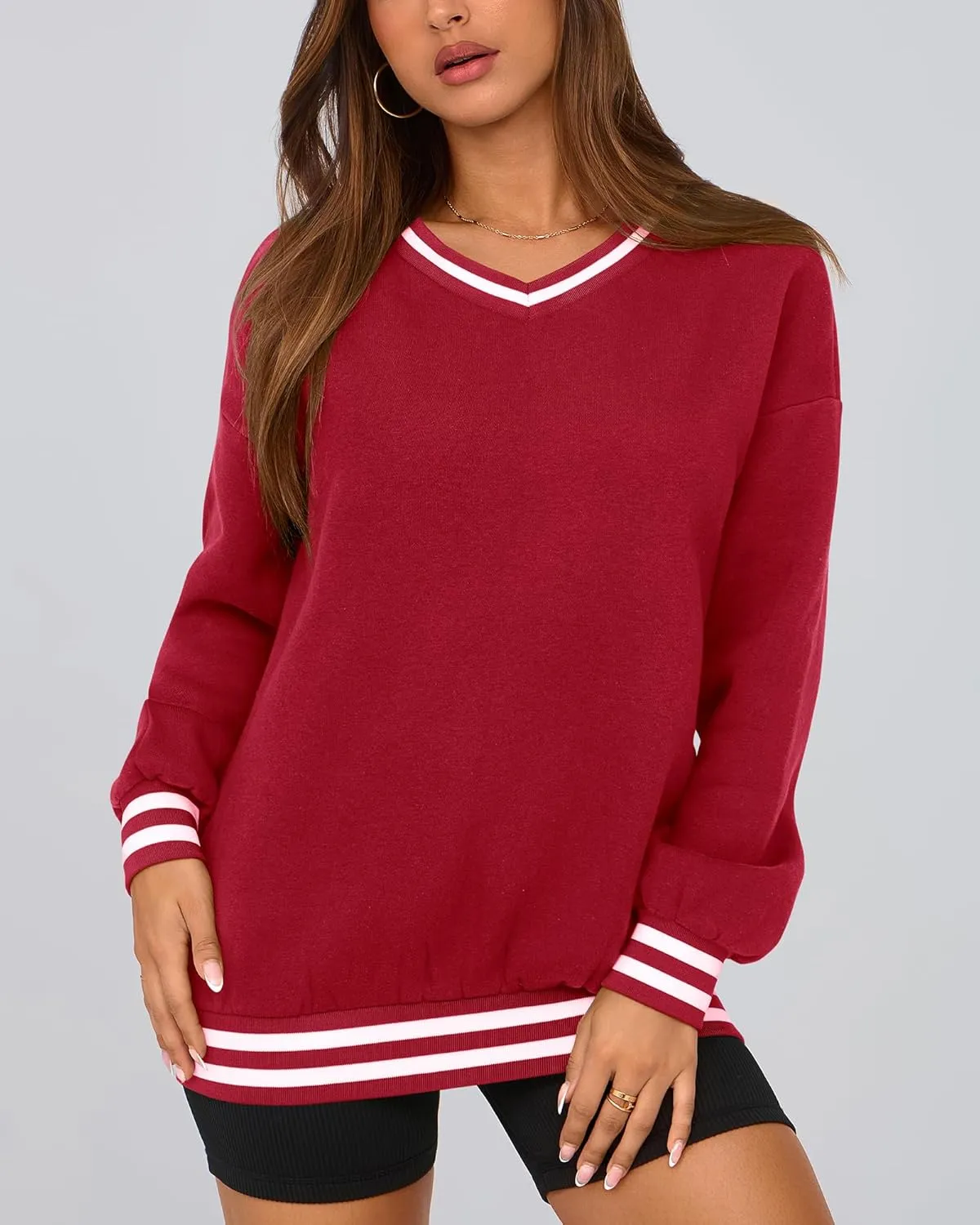 PRETTYGARDEN Women's Oversized Sweatshirts Casual Long Sleeve Stripes Knit V Neck Pullover Top Spring Teens Preppy Clothes