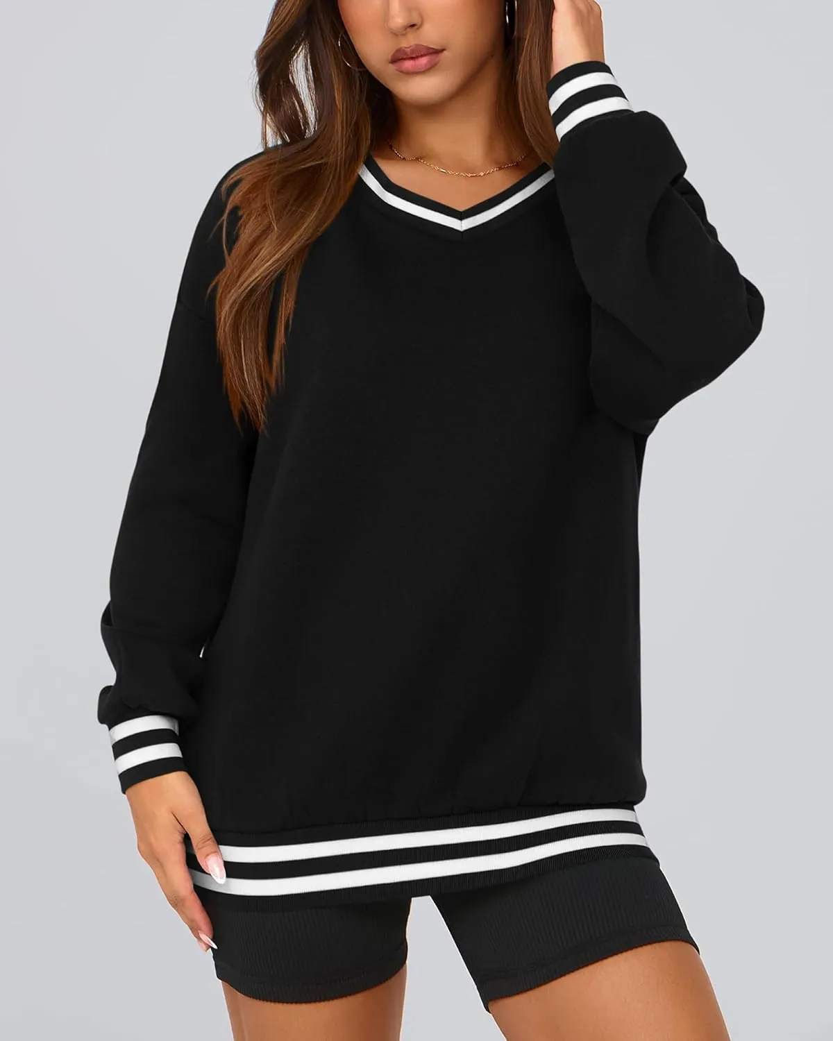 PRETTYGARDEN Women's Oversized Sweatshirts Casual Long Sleeve Stripes Knit V Neck Pullover Top Spring Teens Preppy Clothes