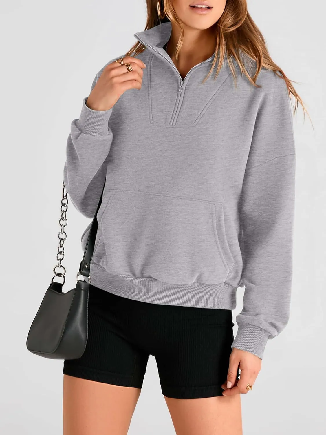 PRETTYGARDEN Womens Quarter Zip Long Sleeve Cropped Sweatshirt 2025 Fall Winter Casual V Neck Pullover Tops With Pockets