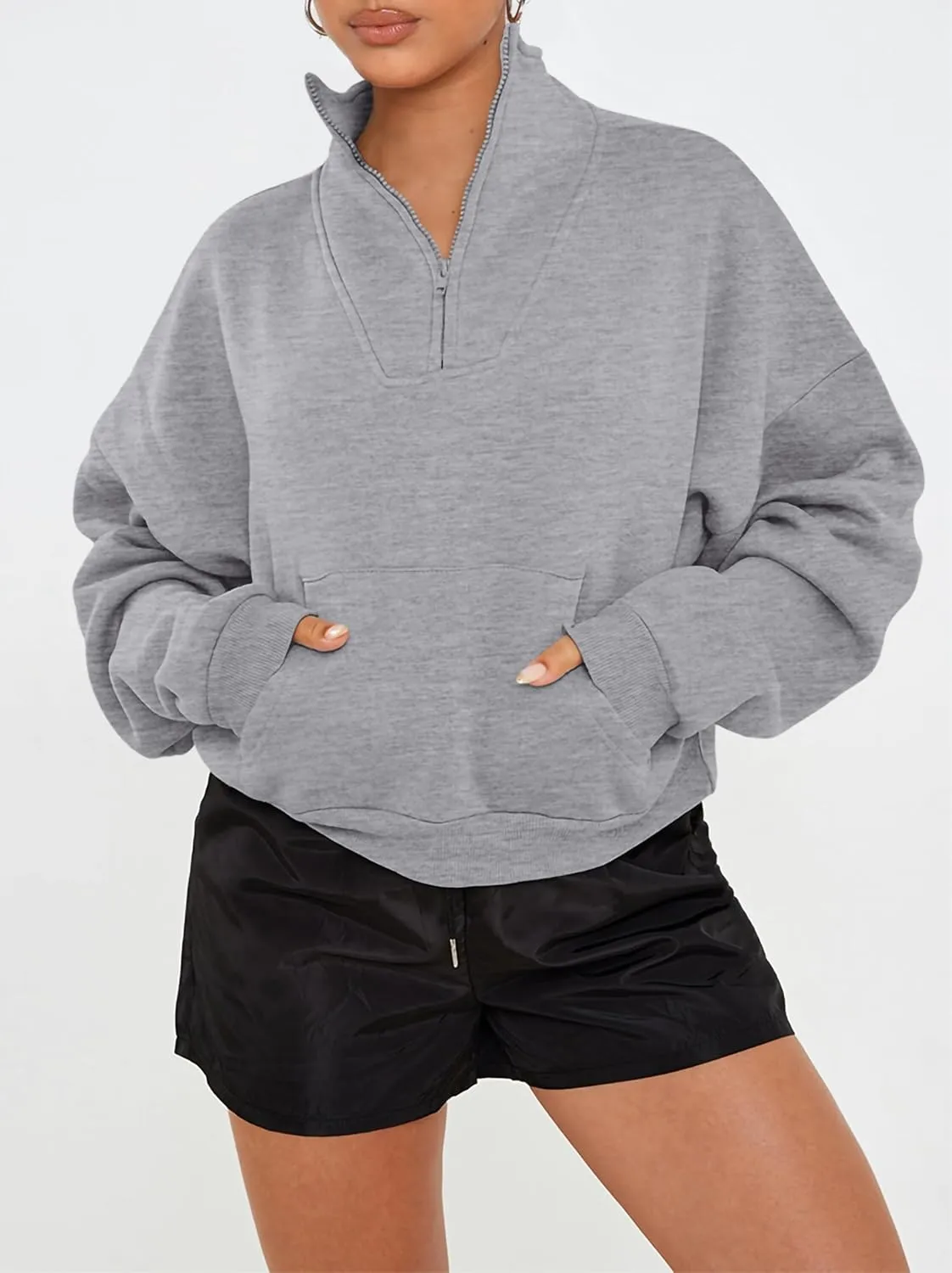 PRETTYGARDEN Womens Quarter Zip Long Sleeve Cropped Sweatshirt 2025 Fall Winter Casual V Neck Pullover Tops With Pockets