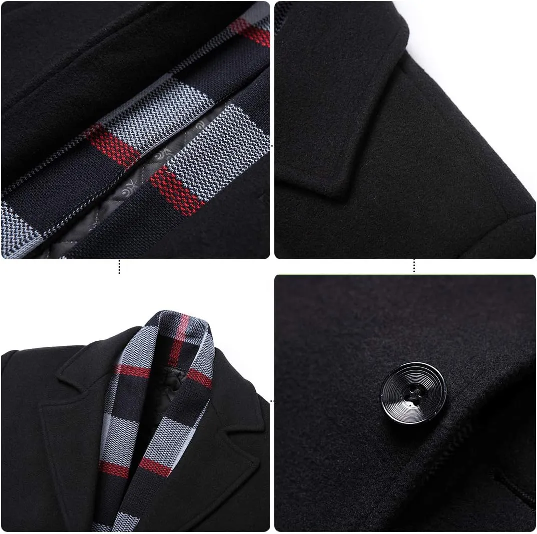 PRIJOUHE Men's Wool Coat Winter Coat Slim Medium Long Coats Overcoat Male