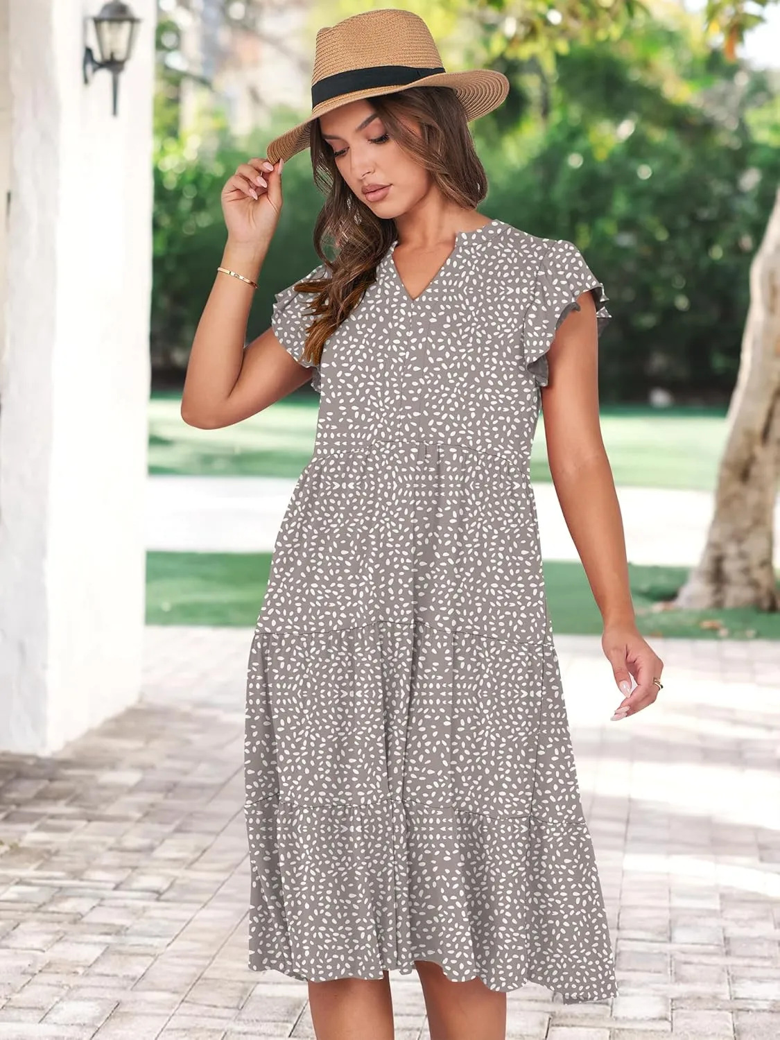 Prinbara Womens Summer Floral Midi Dresses Ruffle Sleeve V Neck 2025 Spring Casual Flowy Tiered A-Line Sundress with Pockets