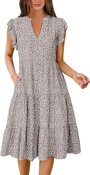 Prinbara Womens Summer Floral Midi Dresses Ruffle Sleeve V Neck 2025 Spring Casual Flowy Tiered A-Line Sundress with Pockets