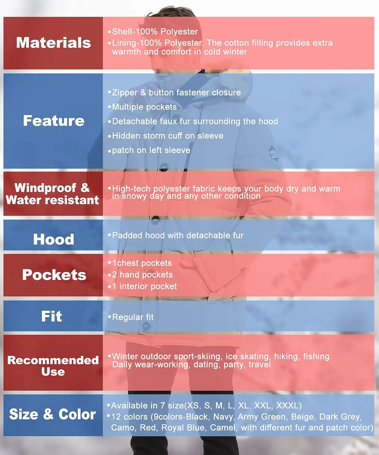 PUREMSX Winter Coat for Men, Warm Windproof Insulated Thick Outdoor Padded Parka Jackets