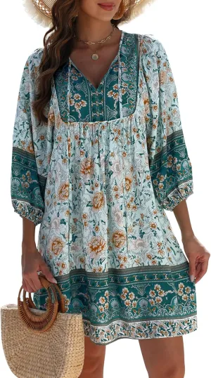 Qearal Womens Casual V Neck 3/4 Sleeve Boho Floral Printed Loose Short Mini Summer Beach Dress