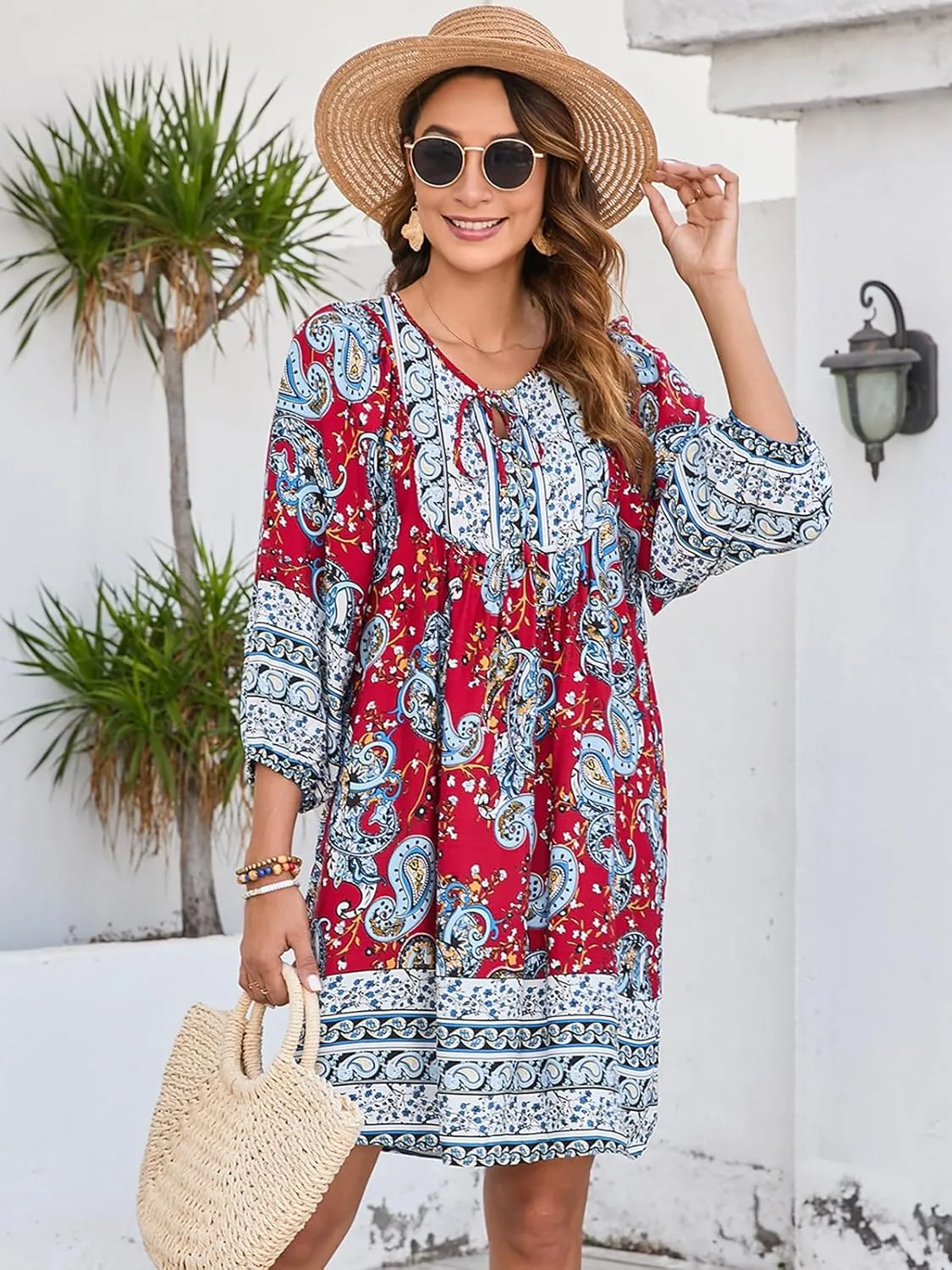 Qearal Womens Casual V Neck 3/4 Sleeve Boho Floral Printed Loose Short Mini Summer Beach Dress