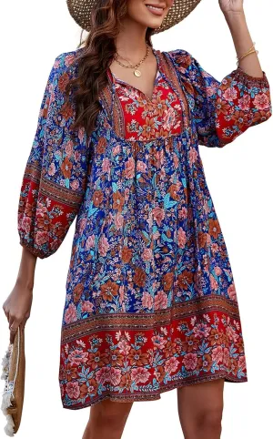 Qearal Womens Casual V Neck 3/4 Sleeve Boho Floral Printed Loose Short Mini Summer Beach Dress