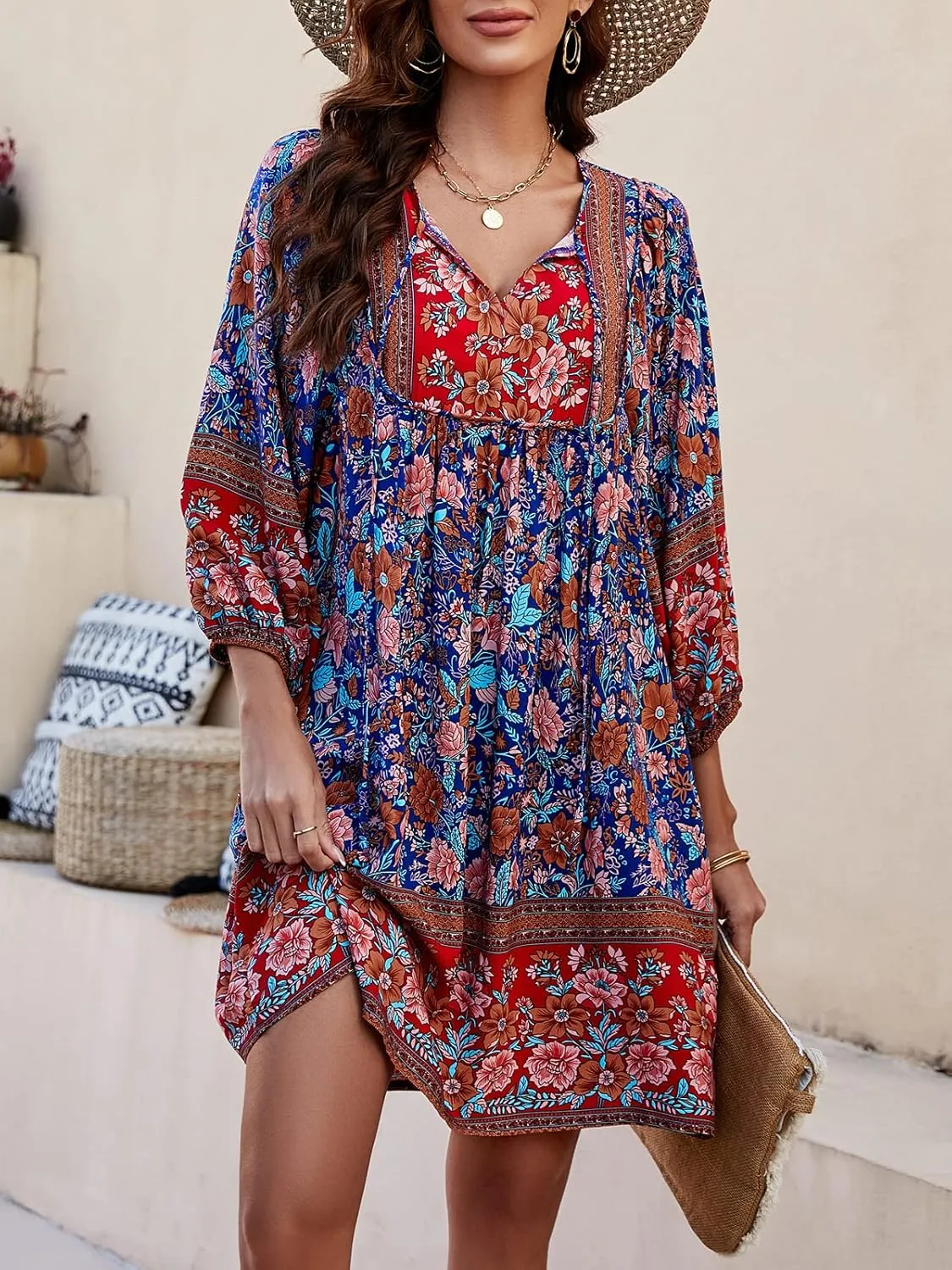 Qearal Womens Casual V Neck 3/4 Sleeve Boho Floral Printed Loose Short Mini Summer Beach Dress