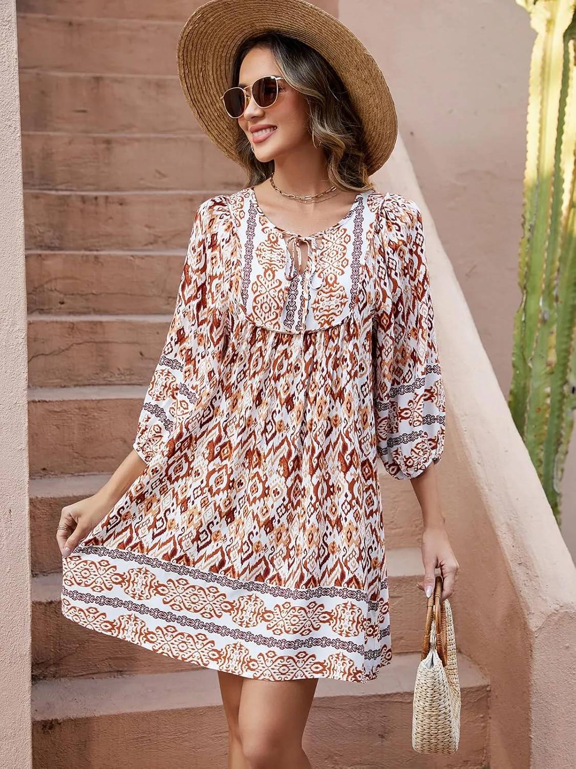 Qearal Womens Casual V Neck 3/4 Sleeve Boho Floral Printed Loose Short Mini Summer Beach Dress