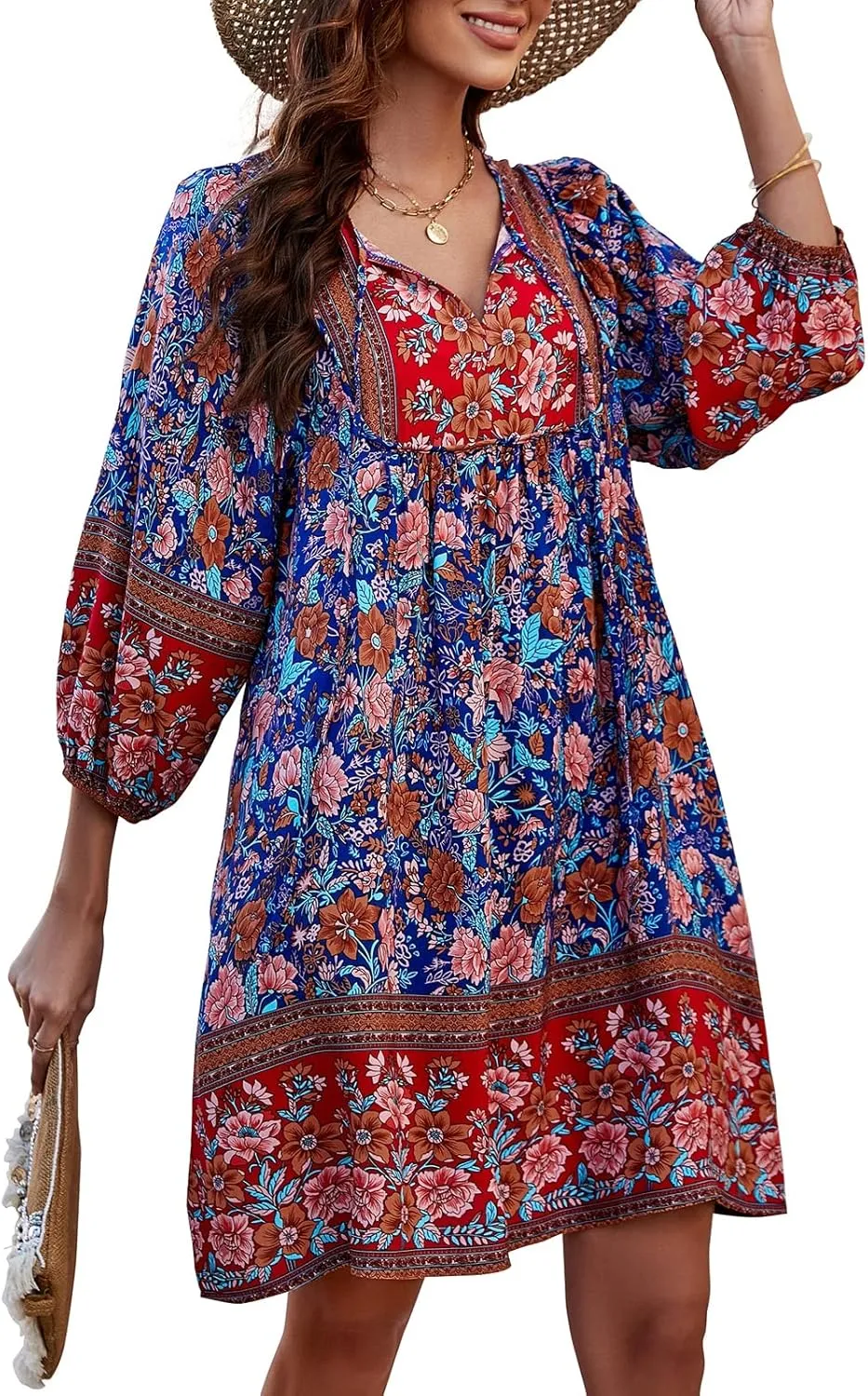 Qearal Womens Casual V Neck 3/4 Sleeve Boho Floral Printed Loose Short Mini Summer Beach Dress