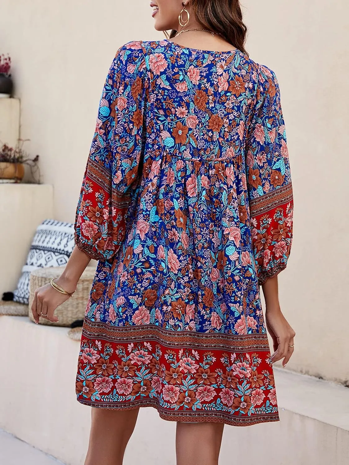 Qearal Womens Casual V Neck 3/4 Sleeve Boho Floral Printed Loose Short Mini Summer Beach Dress