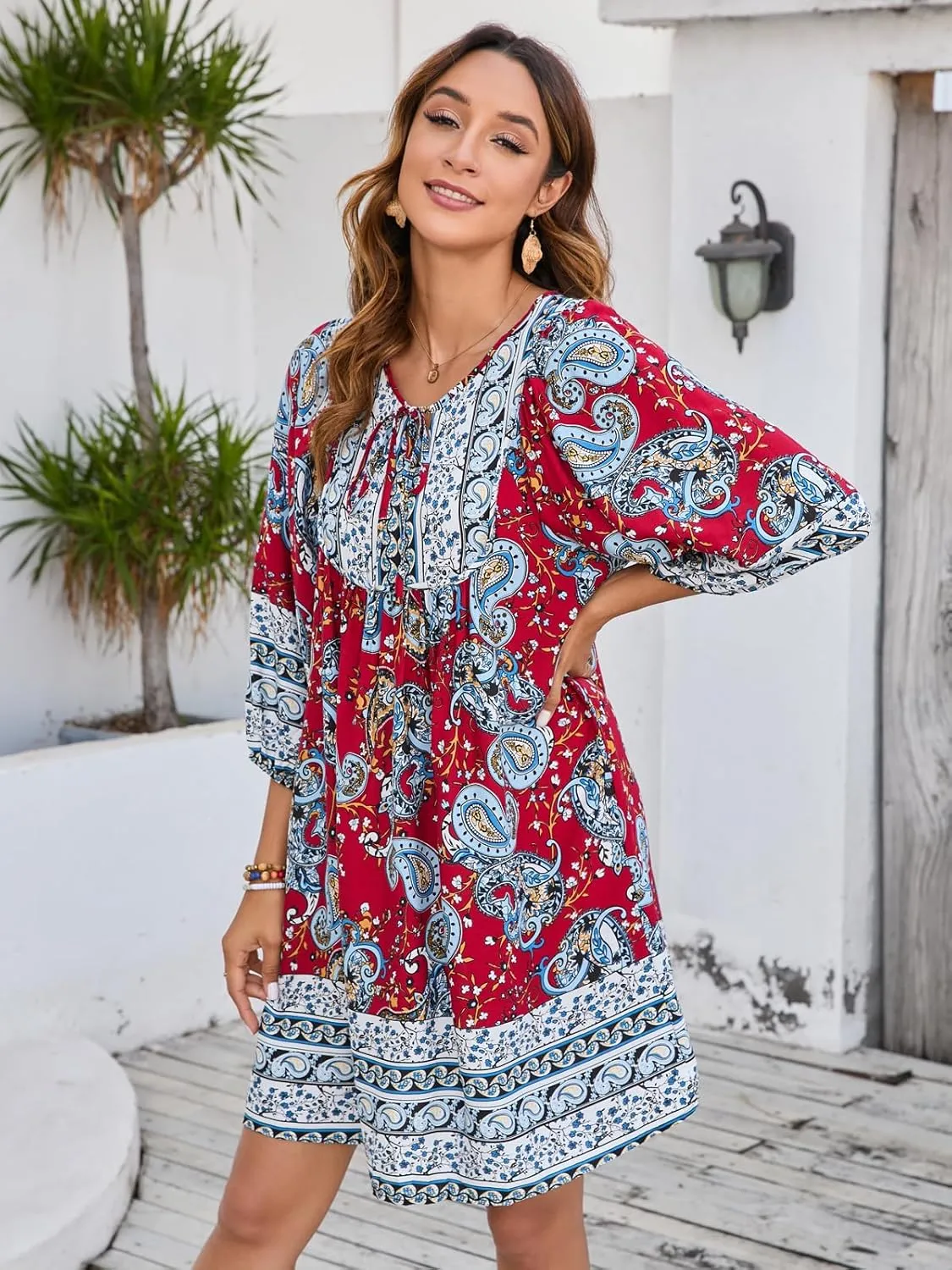 Qearal Womens Casual V Neck 3/4 Sleeve Boho Floral Printed Loose Short Mini Summer Beach Dress
