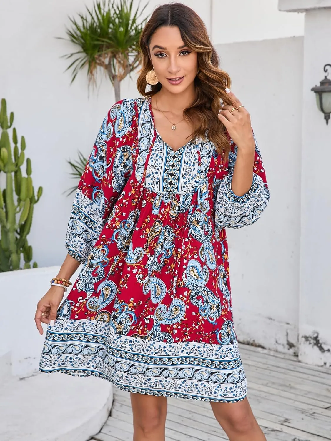 Qearal Womens Casual V Neck 3/4 Sleeve Boho Floral Printed Loose Short Mini Summer Beach Dress