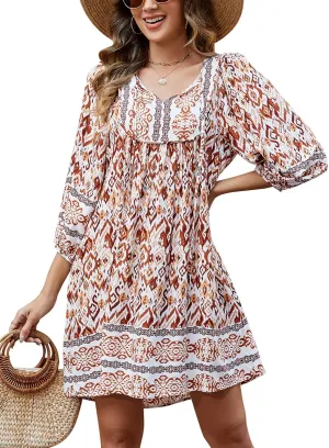 Qearal Womens Casual V Neck 3/4 Sleeve Boho Floral Printed Loose Short Mini Summer Beach Dress