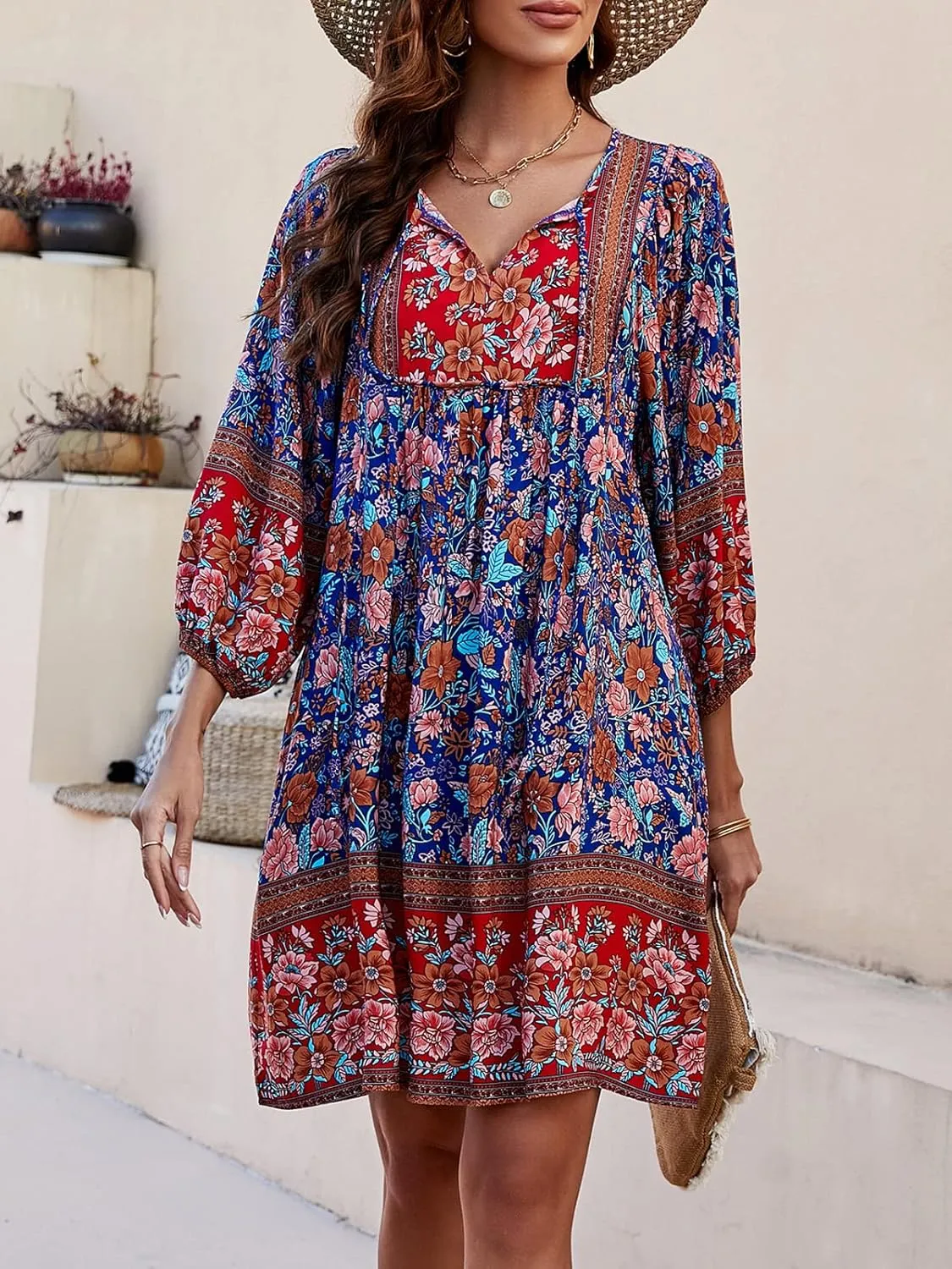 Qearal Womens Casual V Neck 3/4 Sleeve Boho Floral Printed Loose Short Mini Summer Beach Dress