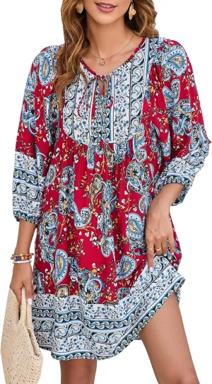 Qearal Womens Casual V Neck 3/4 Sleeve Boho Floral Printed Loose Short Mini Summer Beach Dress
