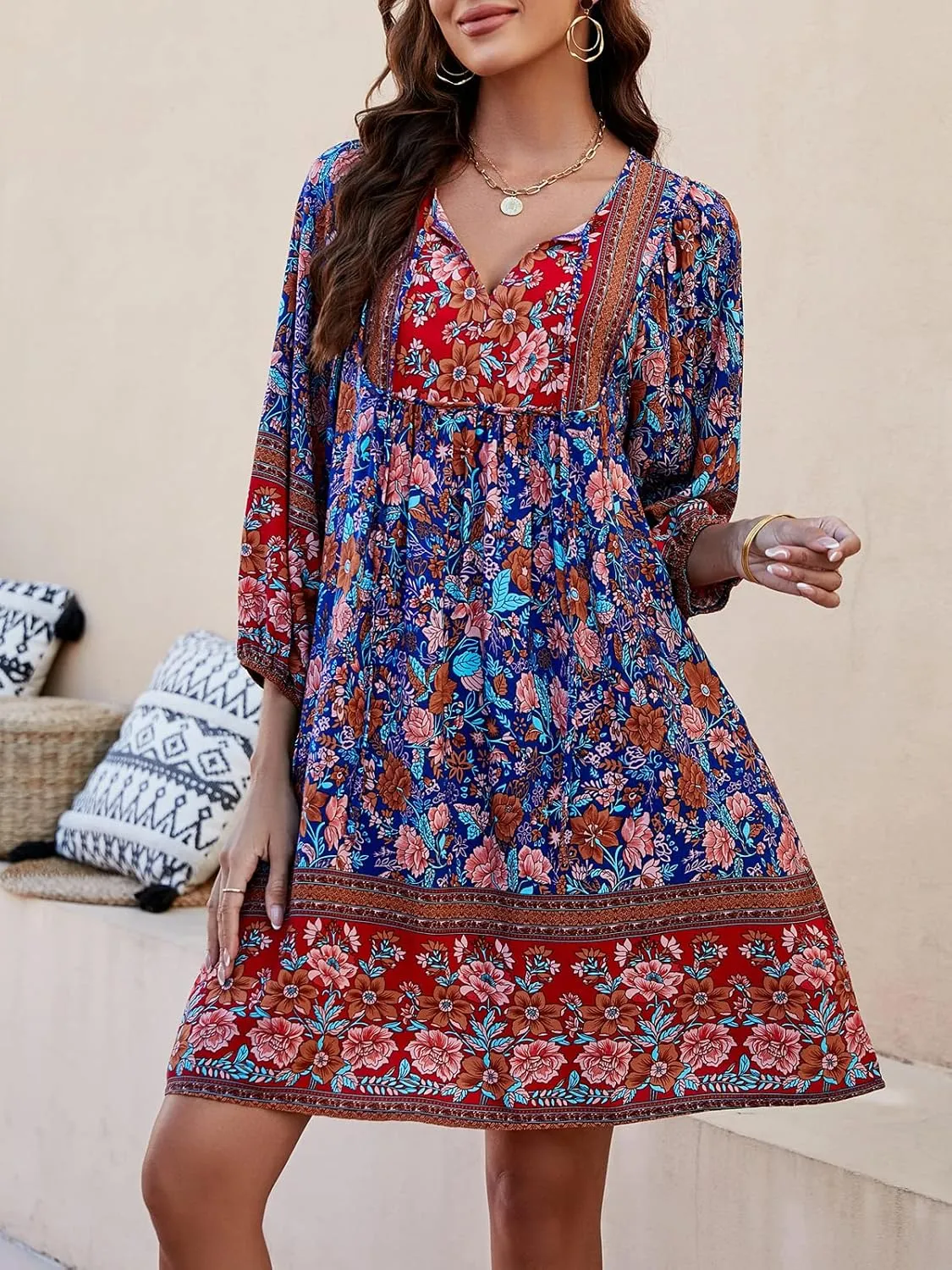 Qearal Womens Casual V Neck 3/4 Sleeve Boho Floral Printed Loose Short Mini Summer Beach Dress