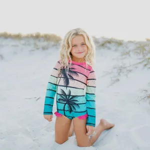 Rainbow Tropical Tree Zip Rash Guard Swimsuit